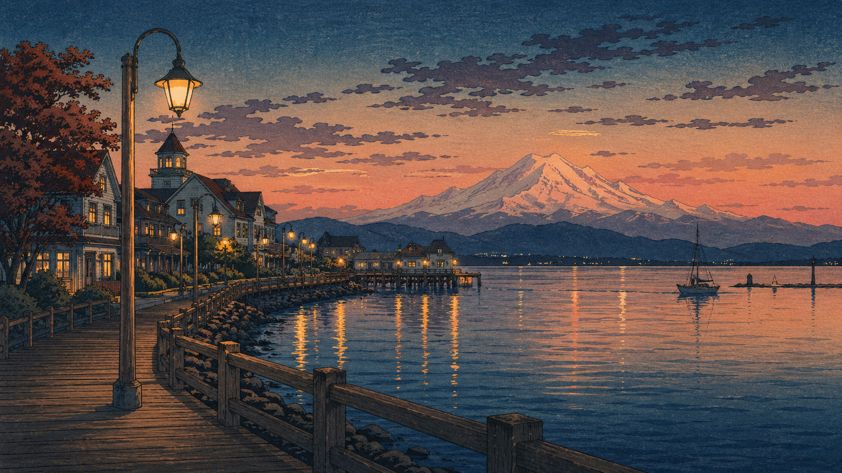 夕方のベリンハム湾、フェアヘイヴン、水辺の遊歩道、遠い山の光を描いた木版画風風景