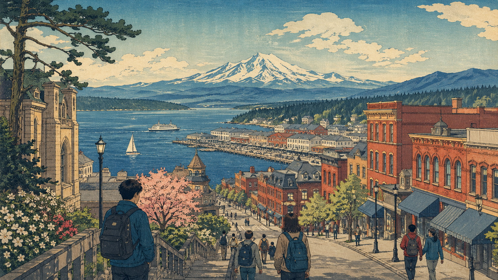 ベリンハム湾、フェアヘイヴンの町並み、遠くのマウント・ベイカー、大学町の坂を描いた木版画風風景
