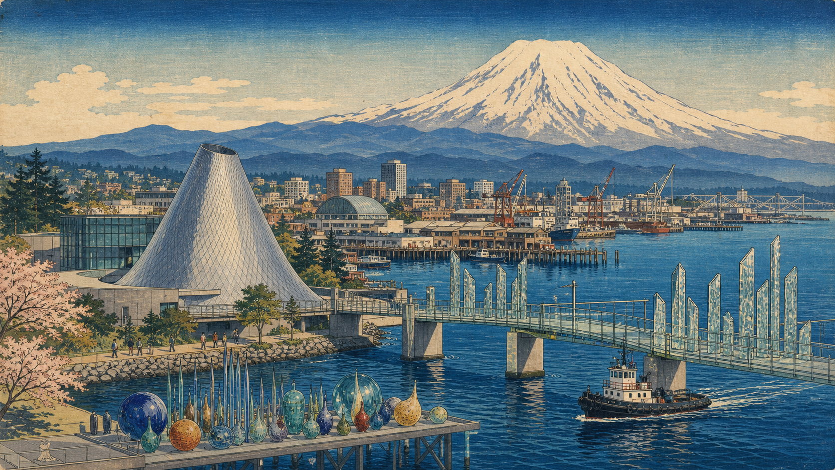 タコマのガラス美術館、港、レーニア山を描いた特集カード画像
