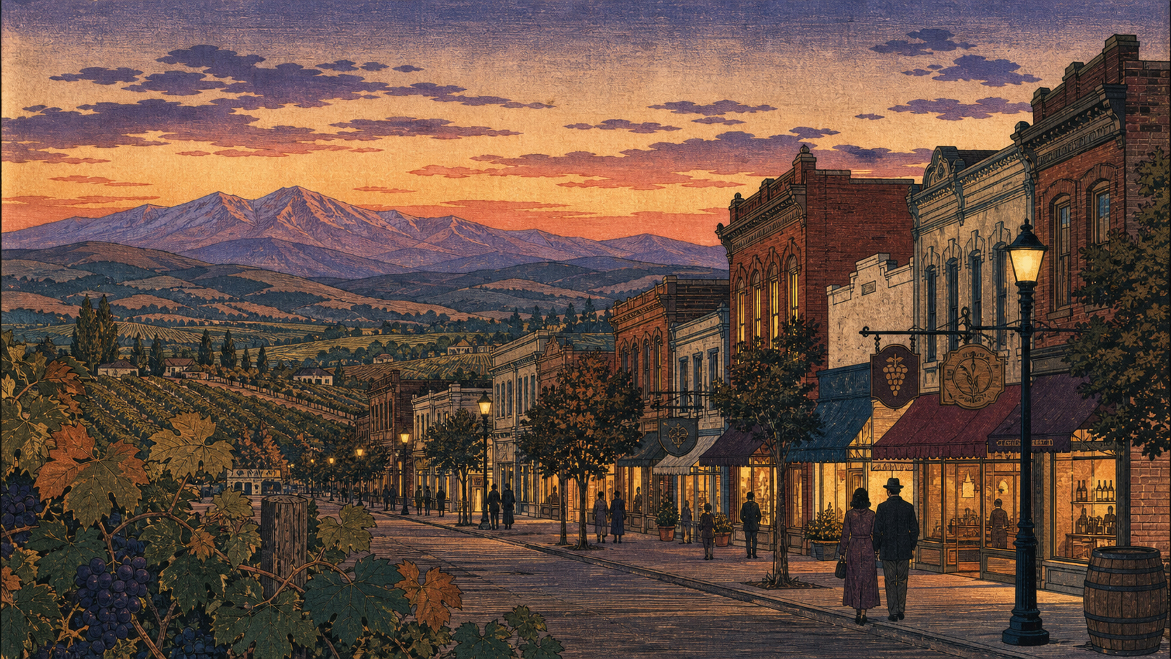 ワラワラの中心街、葡萄畑、夕方の光を描いた特集カード画像