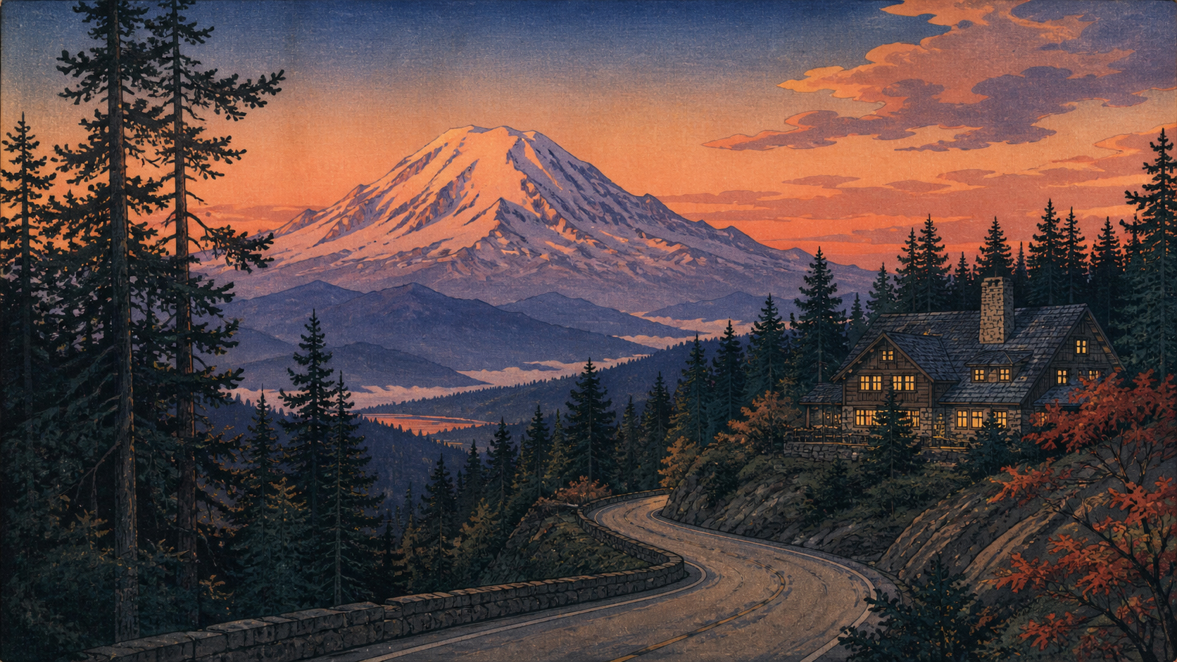 夕方のレーニア山麓、森の道、宿の灯り、遠くに白い山が残る木版画風風景