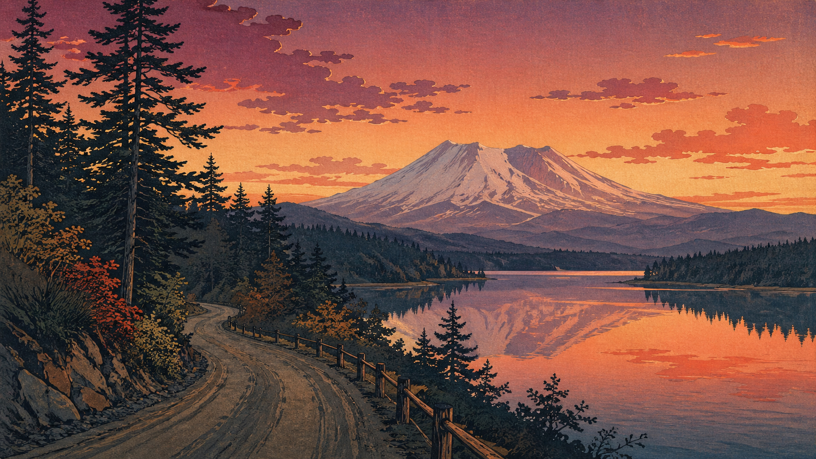 夕方のシルバー湖、セント・ヘレンズ山から戻る道、静かな水面を描いた木版画風風景