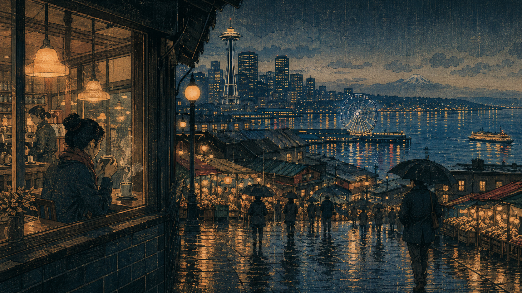 夕方のパイク・プレイス・マーケット、雨、コーヒー、ウォーターフロントの灯りを描いた木版画風風景