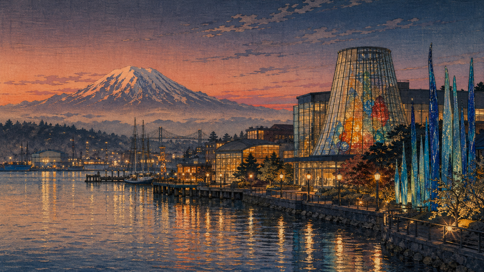夕方のタコマの水辺、ガラスの光、遠くのレーニア山を描いた木版画風風景