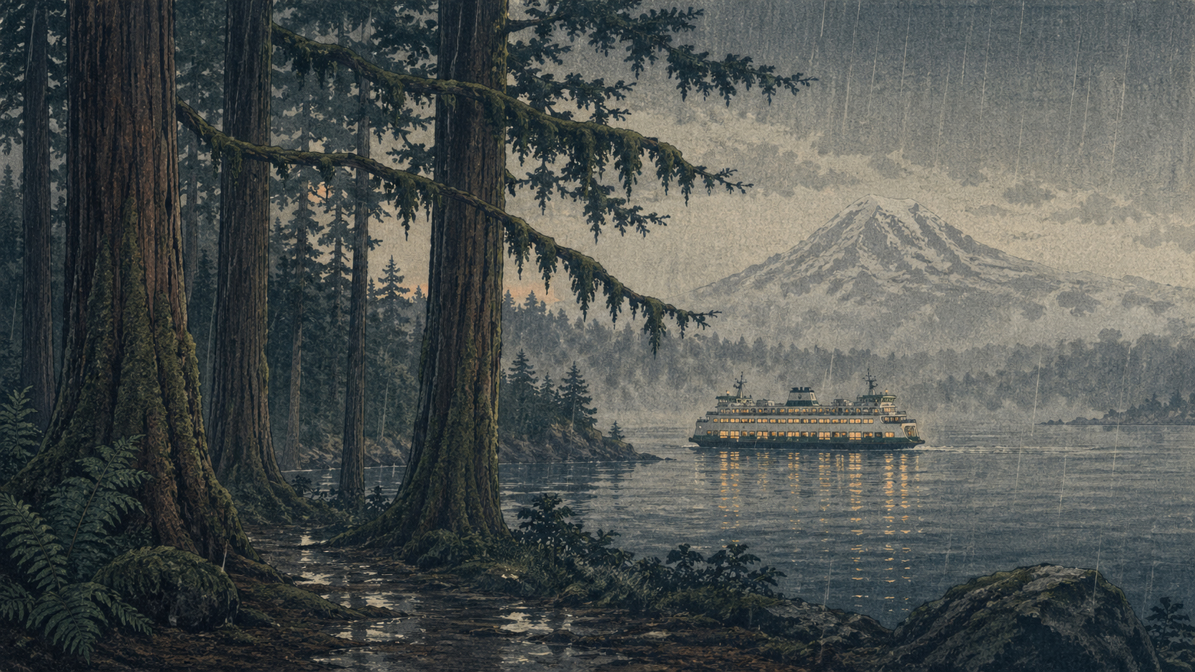 杉の森、雨、遠くの山、フェリーの光を描いたワシントン州の締めくくり風景