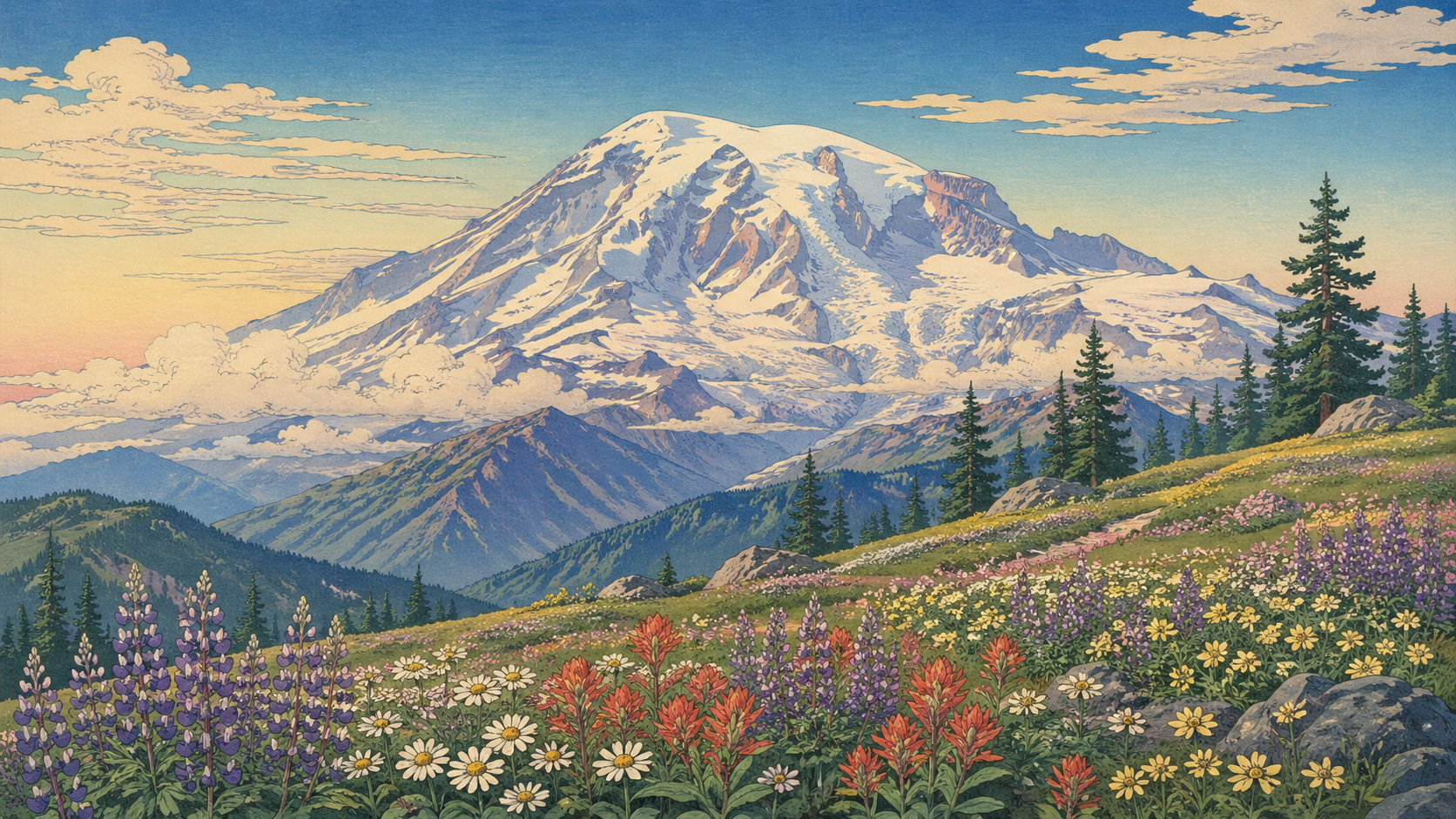 マウント・レーニアの雪山と高山植物の草原