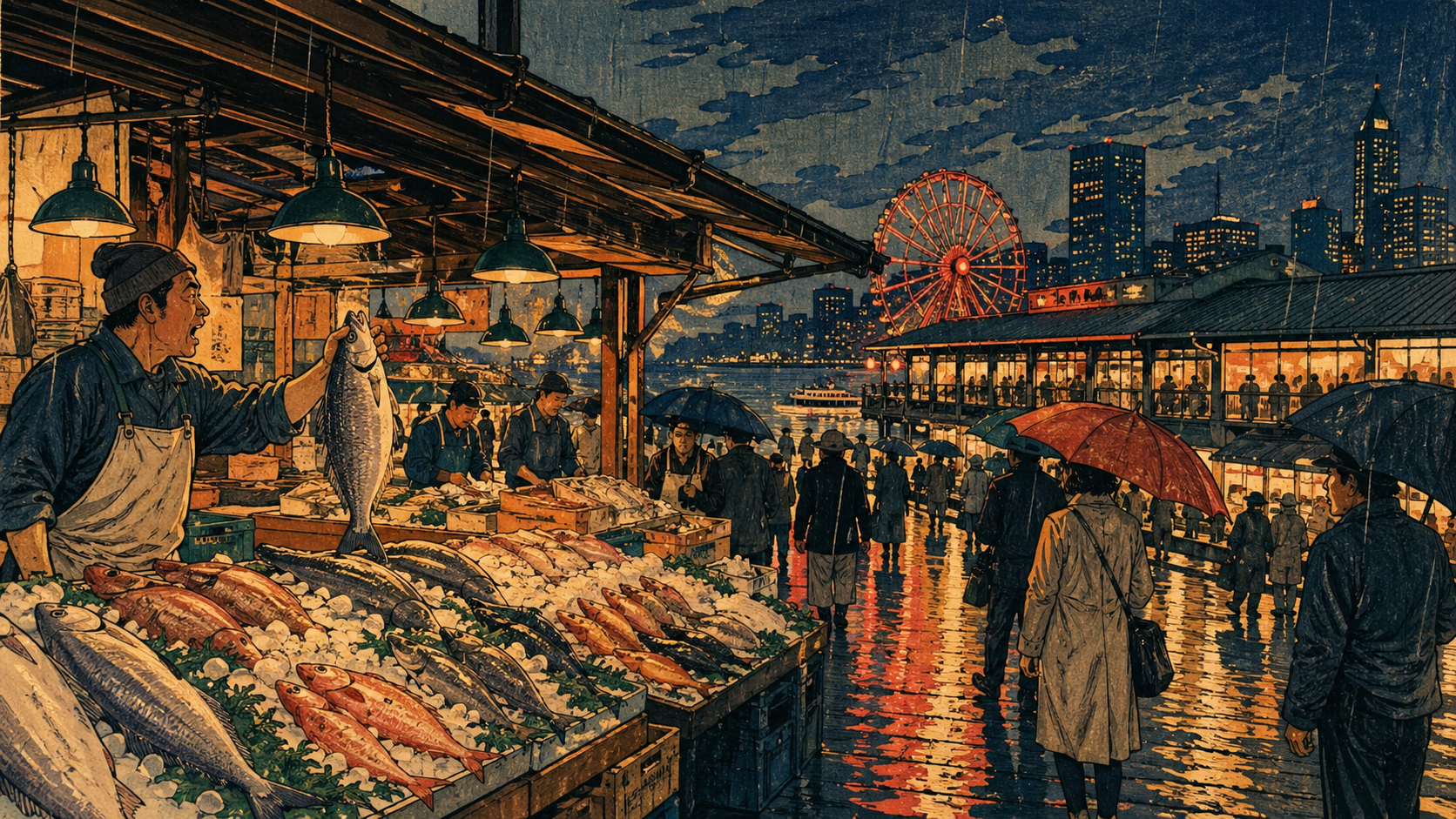 雨のシアトル、パイク・プレイス・マーケットの魚売場とネオンの木版画風風景